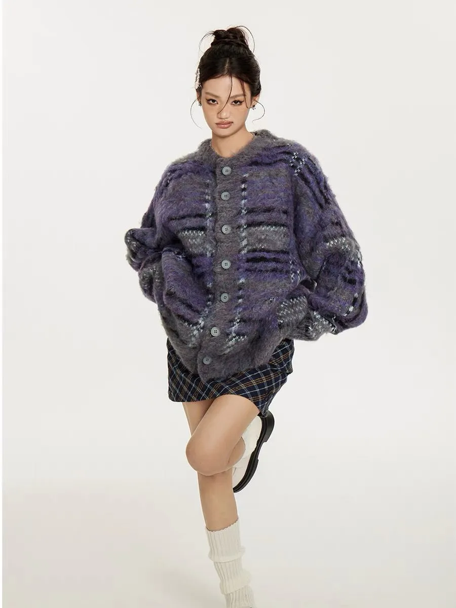 Sanowers American retro contrasting color mohair cardigan sweater for women autumn and winter new casual couple knitted jacket (