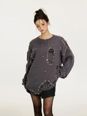 Sanowers niche design hole-studded wasteland style sweater for women autumn loose lazy style sweater top
