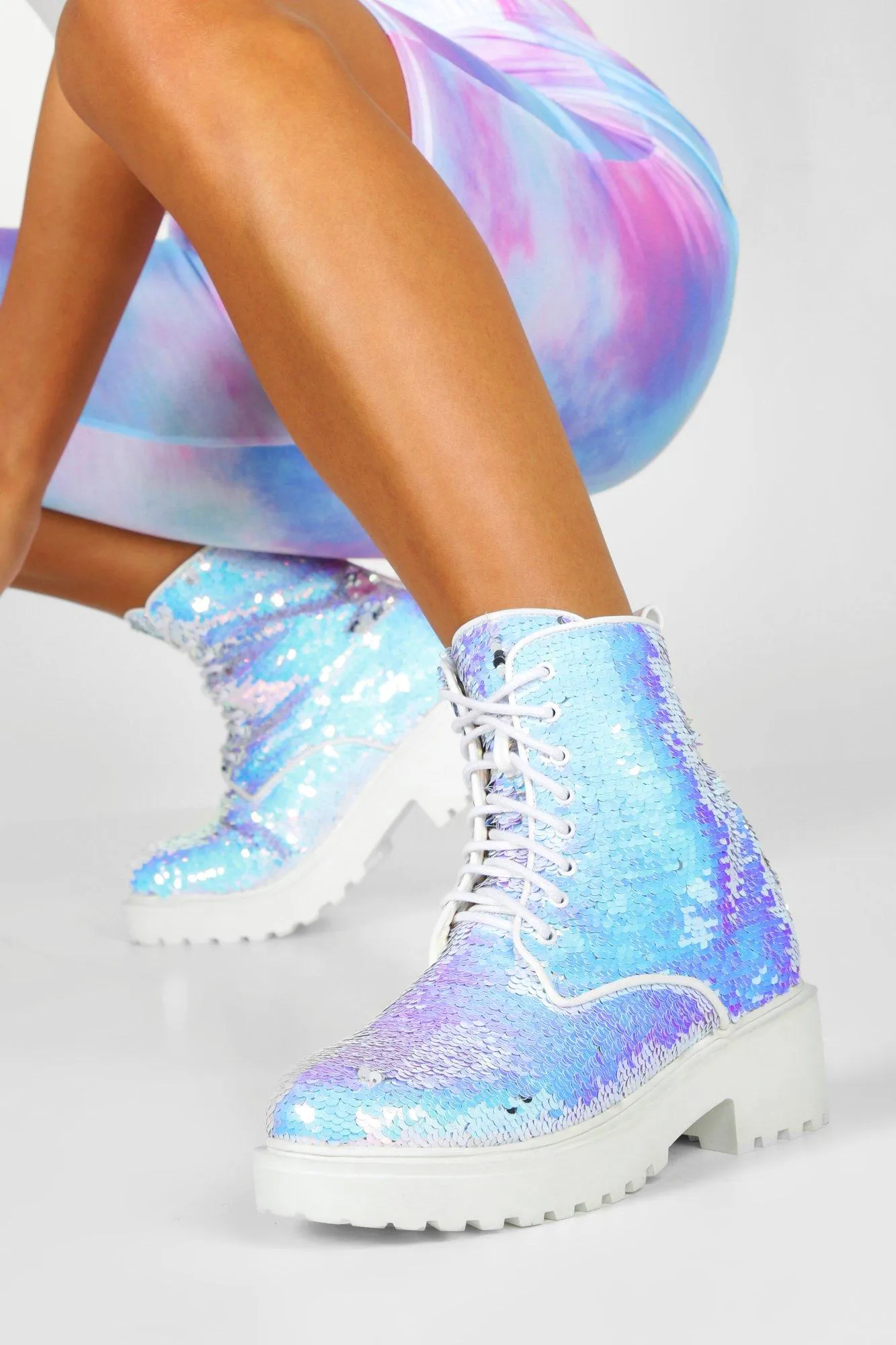 Sequin Chunky Combat Boots