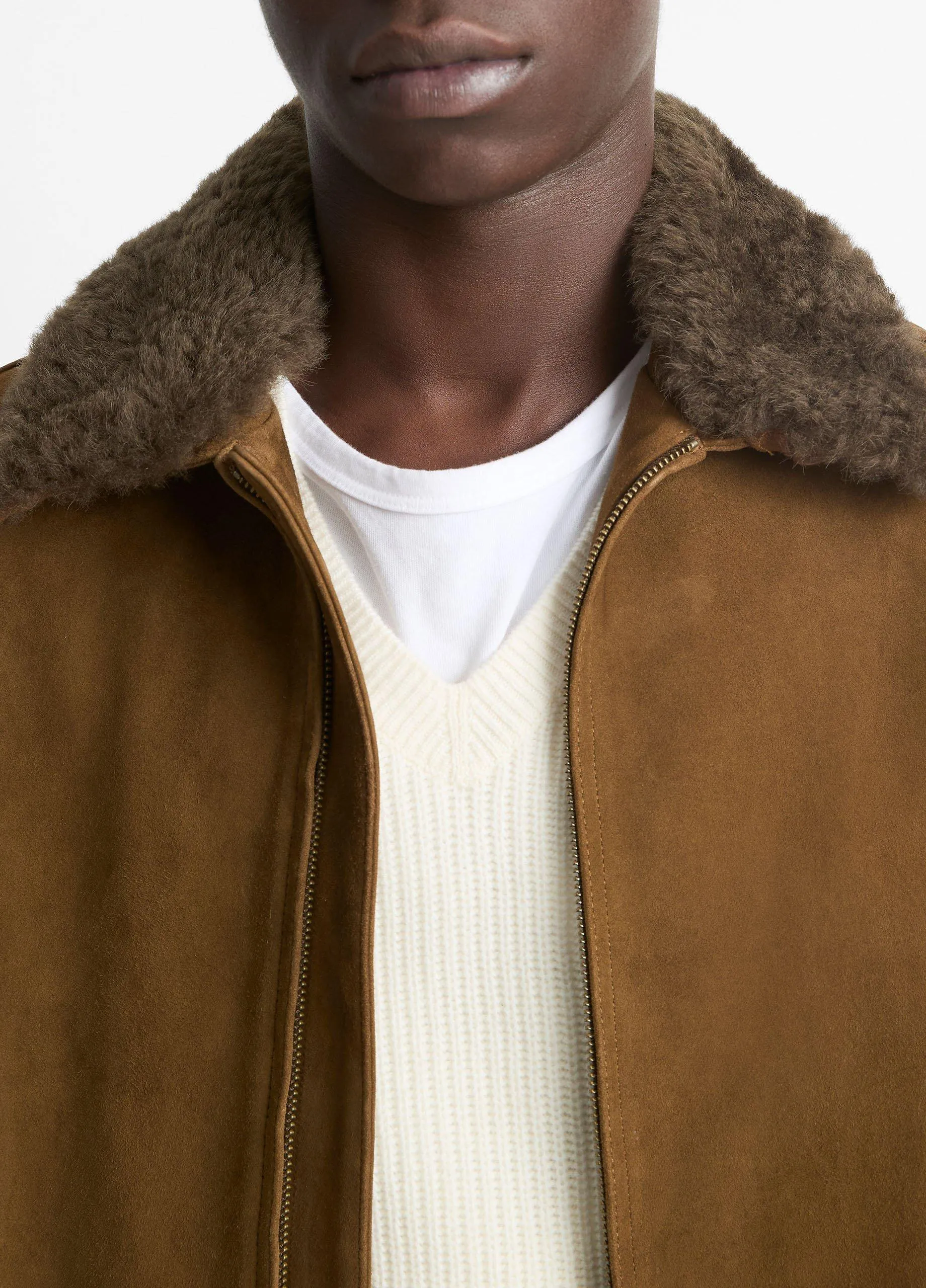 Shearling-Collar Suede Short Jacket