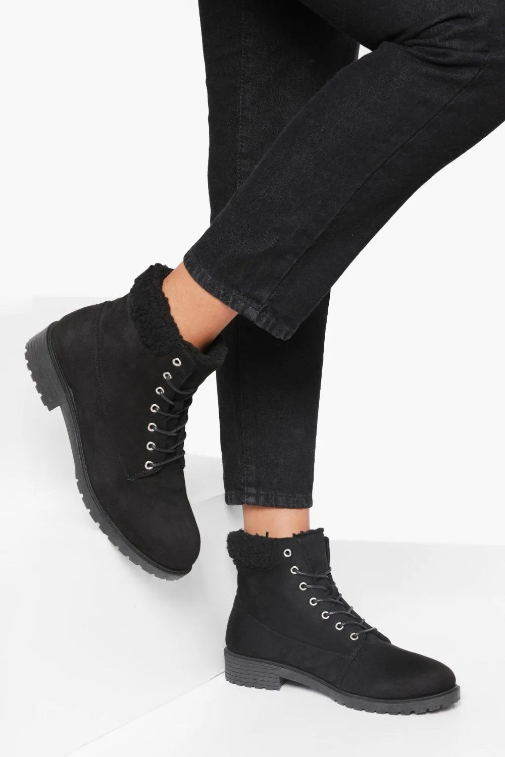 Shearling Cuff Combat Boots