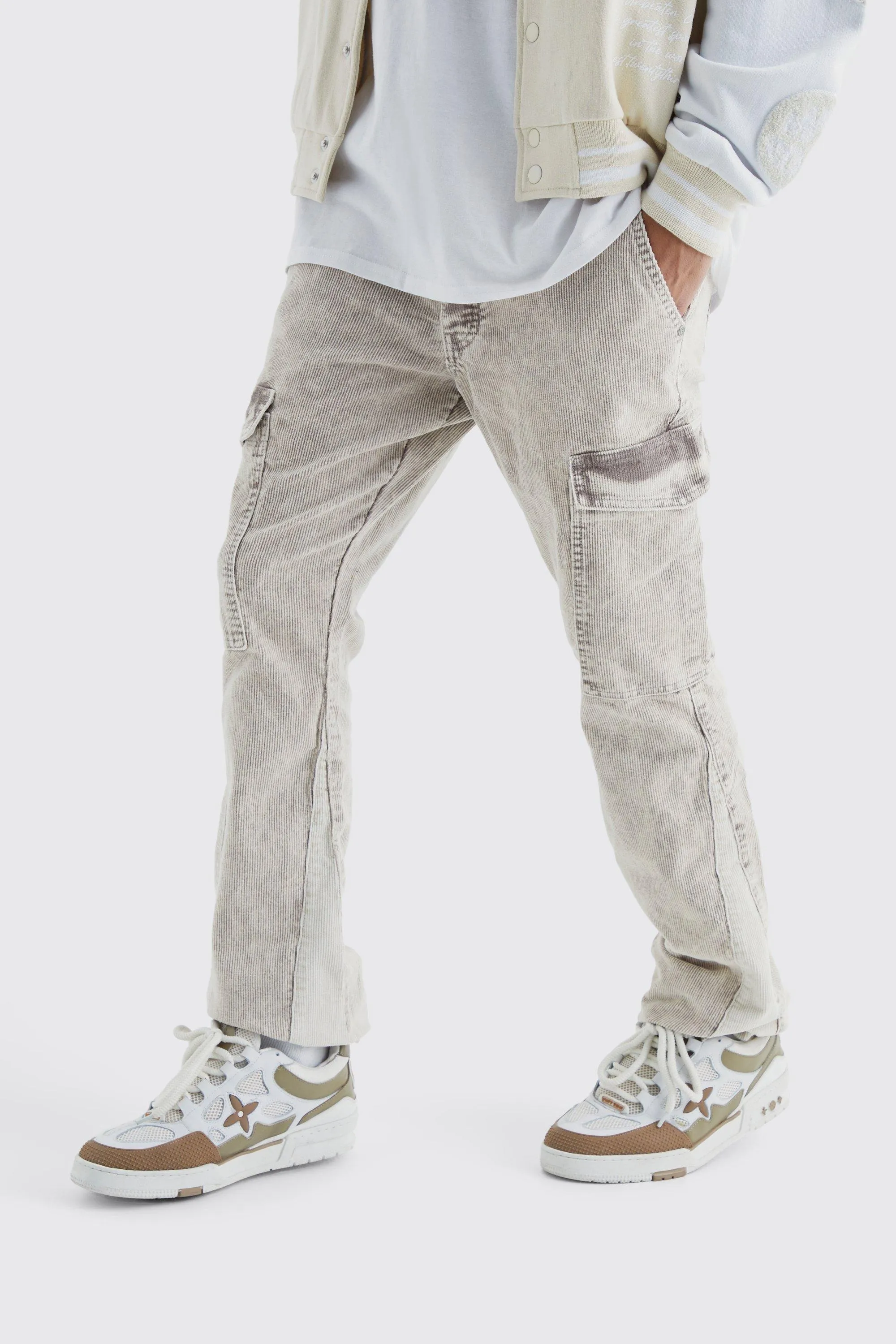 Slim Flare Gusset Acid Wash Corduroy Cargo Pants