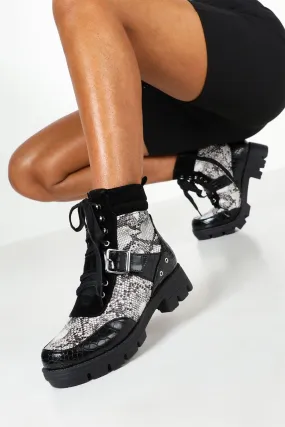 Snake & Croc Chunky Combat Boots