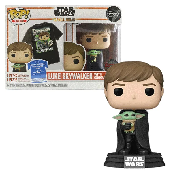 Star Wars The Mandalorian Luke Skywalker with Grogu Pop! Vinyl and Tee Set