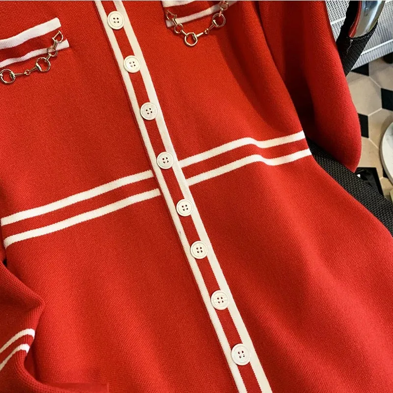 Star's same style chain pocket navy collar long-sleeved sweater dress retro slim mid-length knitted skirt autumn