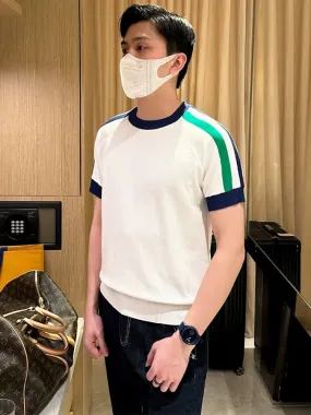 Summer casual men's sweater short sleeve 2024 new men's personality color matching striped slim men's short sleeve T-shirt