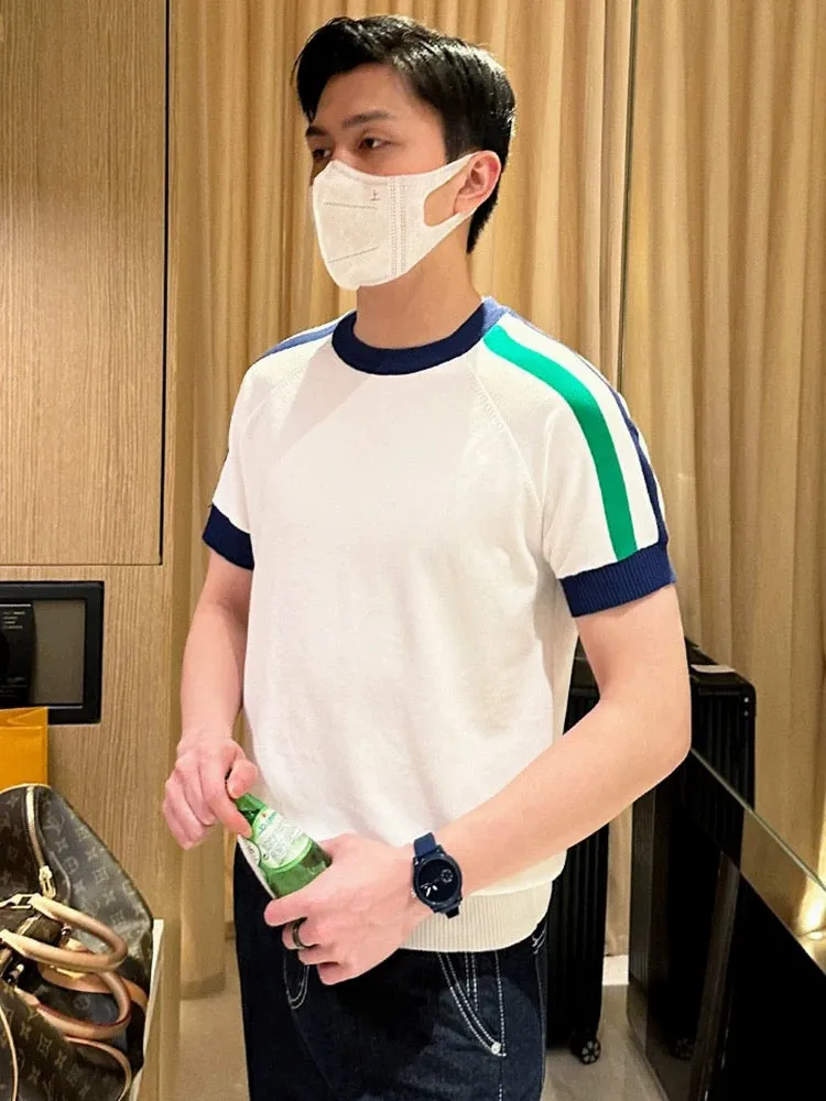 Summer casual men's sweater short sleeve 2024 new men's personality color matching striped slim men's short sleeve T-shirt