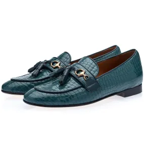 SUPERGLAMOUROUS Bruno Men's Shoes Green Crocodile Print Leather Slipper Loafers (SPGM1313)