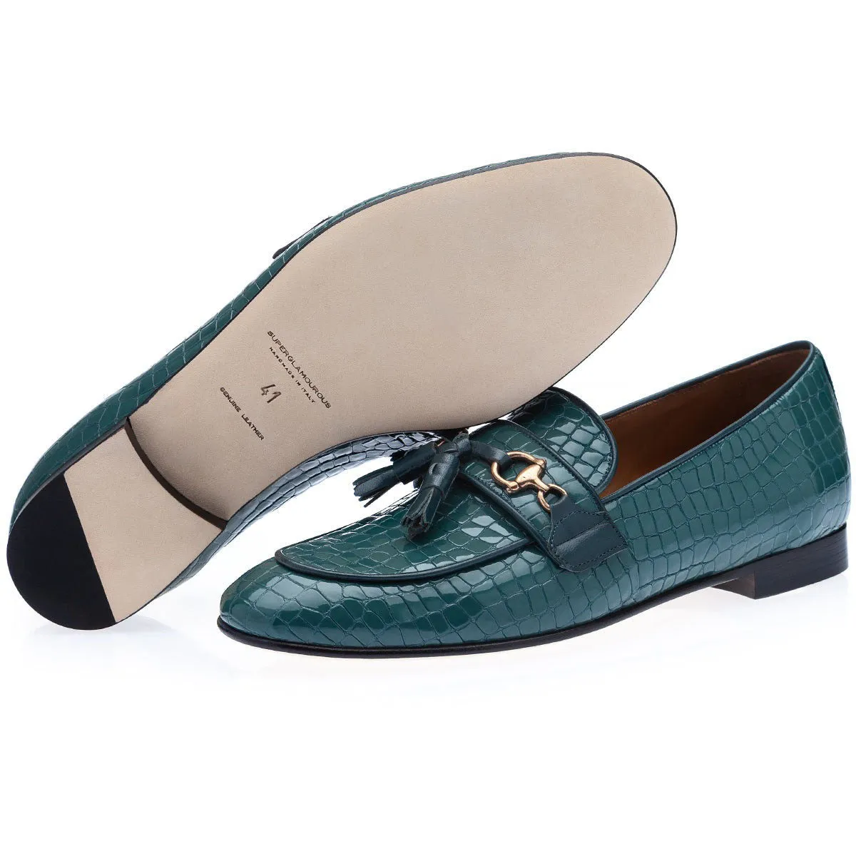 SUPERGLAMOUROUS Bruno Men's Shoes Green Crocodile Print Leather Slipper Loafers (SPGM1313)