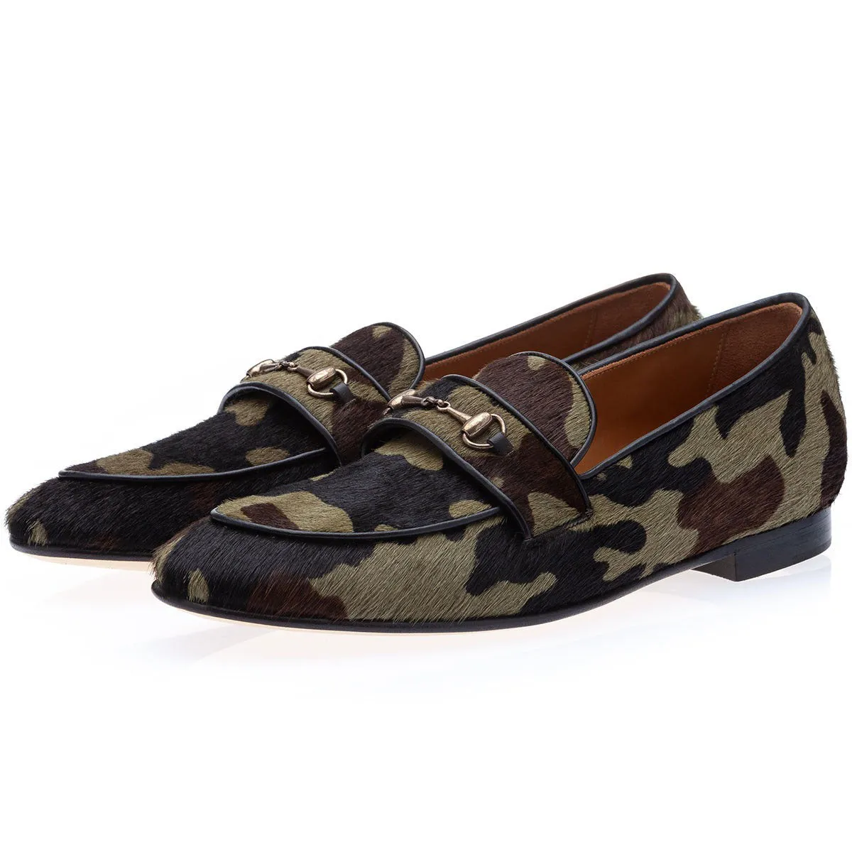 SUPERGLAMOUROUS Morris Men's Shoes Green Camouflage Pony Slip-on Horsebit Loafers (SPGM1311)