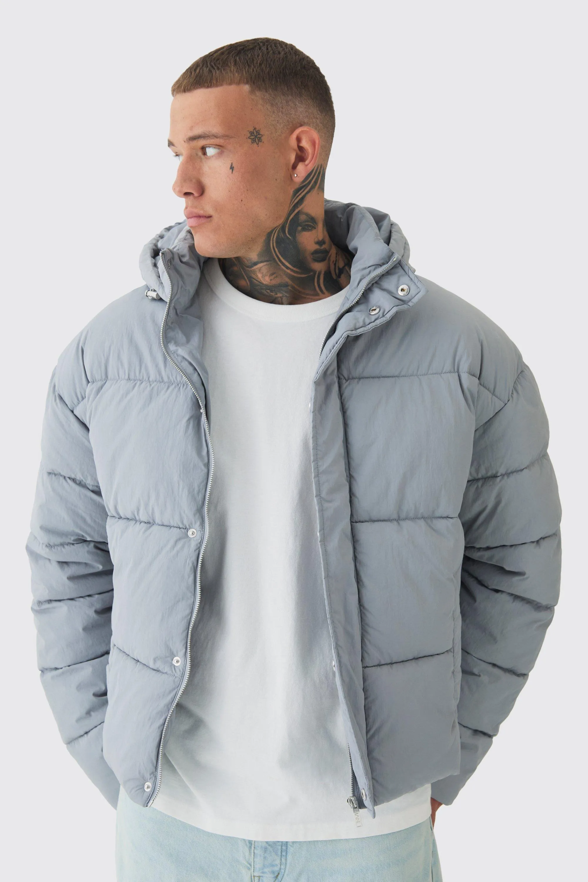 Tall Boxy Crinkle Nylon Puffer Jacket In Light Grey