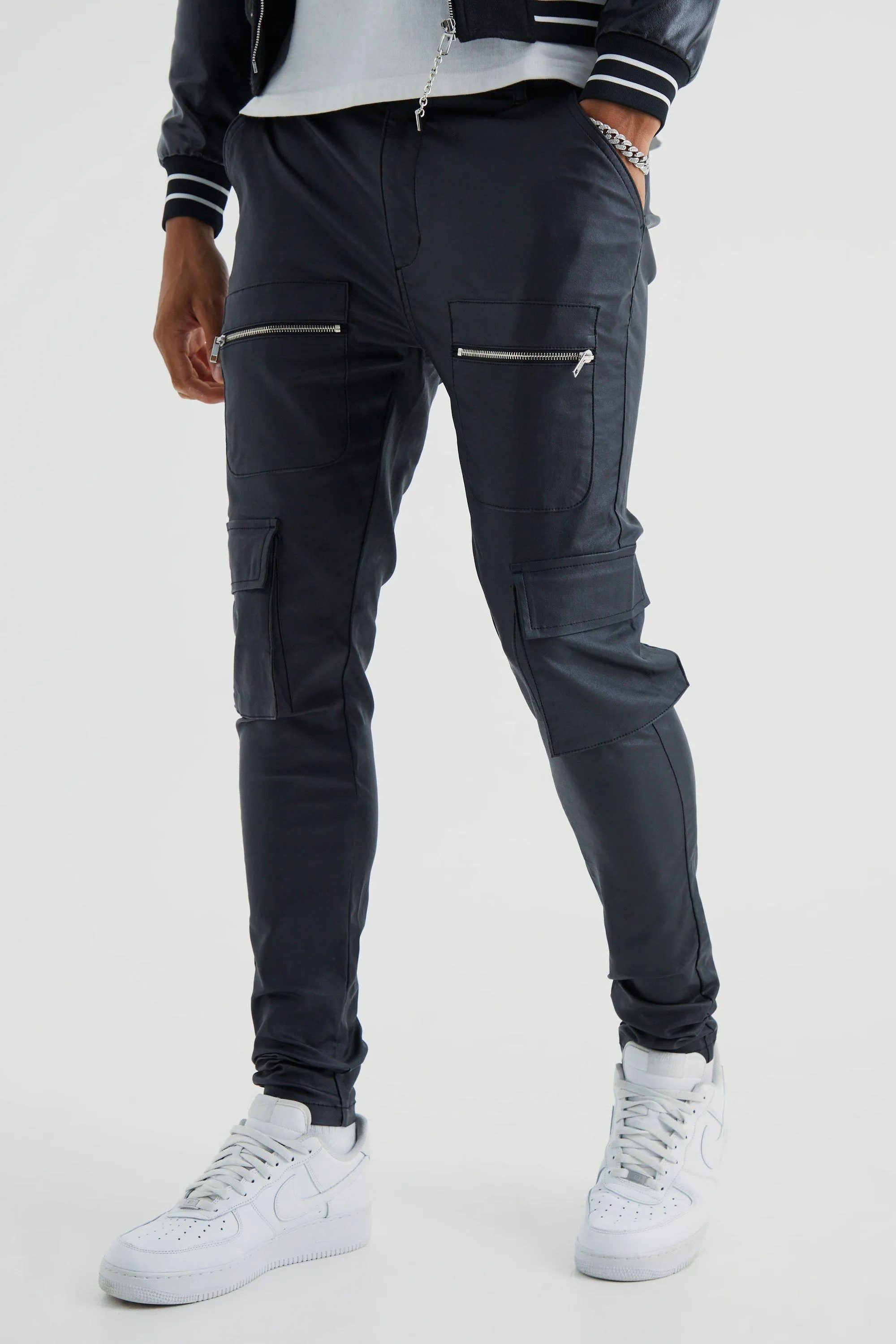 Tall Skinny Multi Zip Cargo Coated Twill Pants