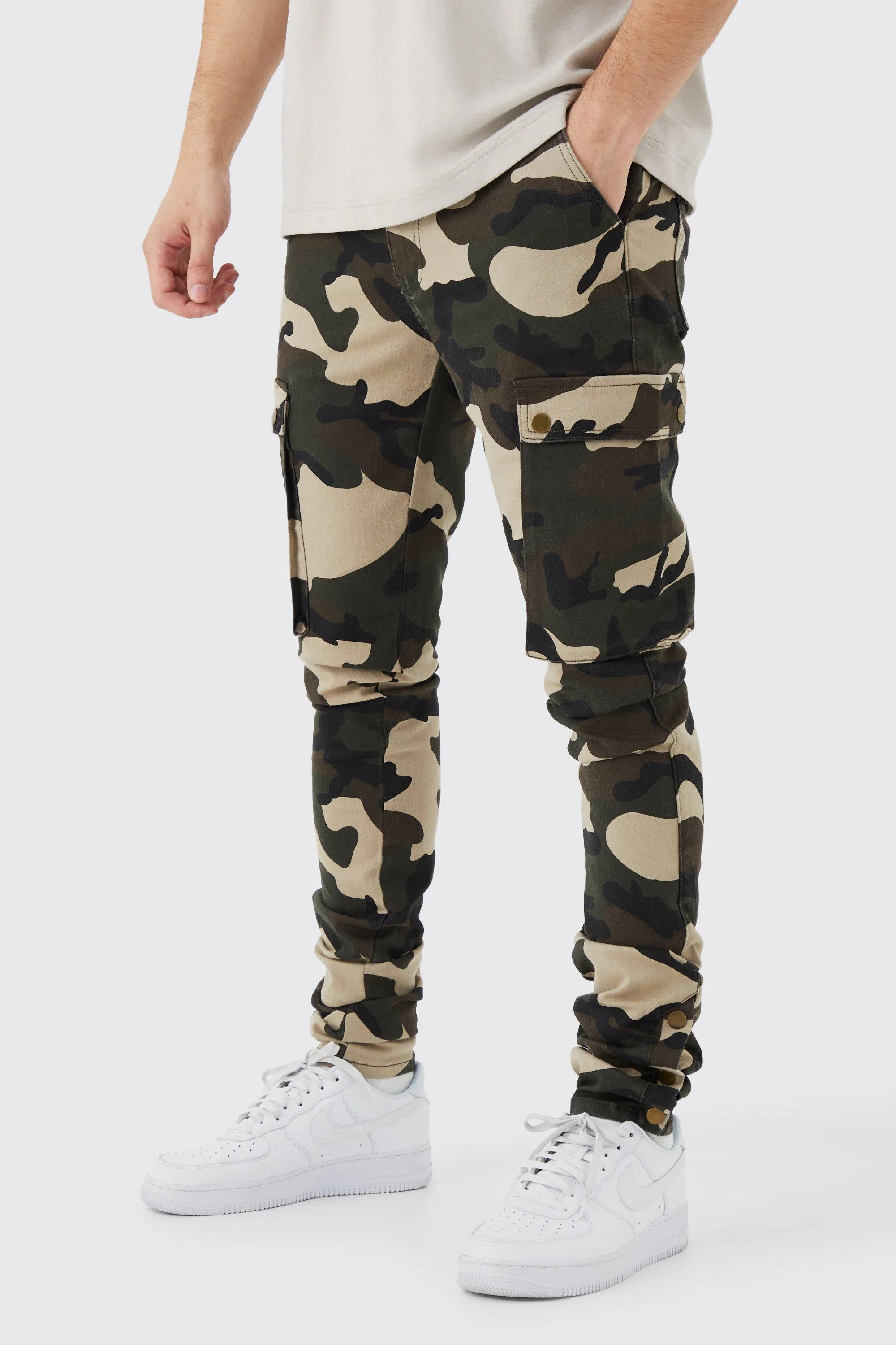 Tall Skinny Stacked Popper Hem Camo Cargo Pants