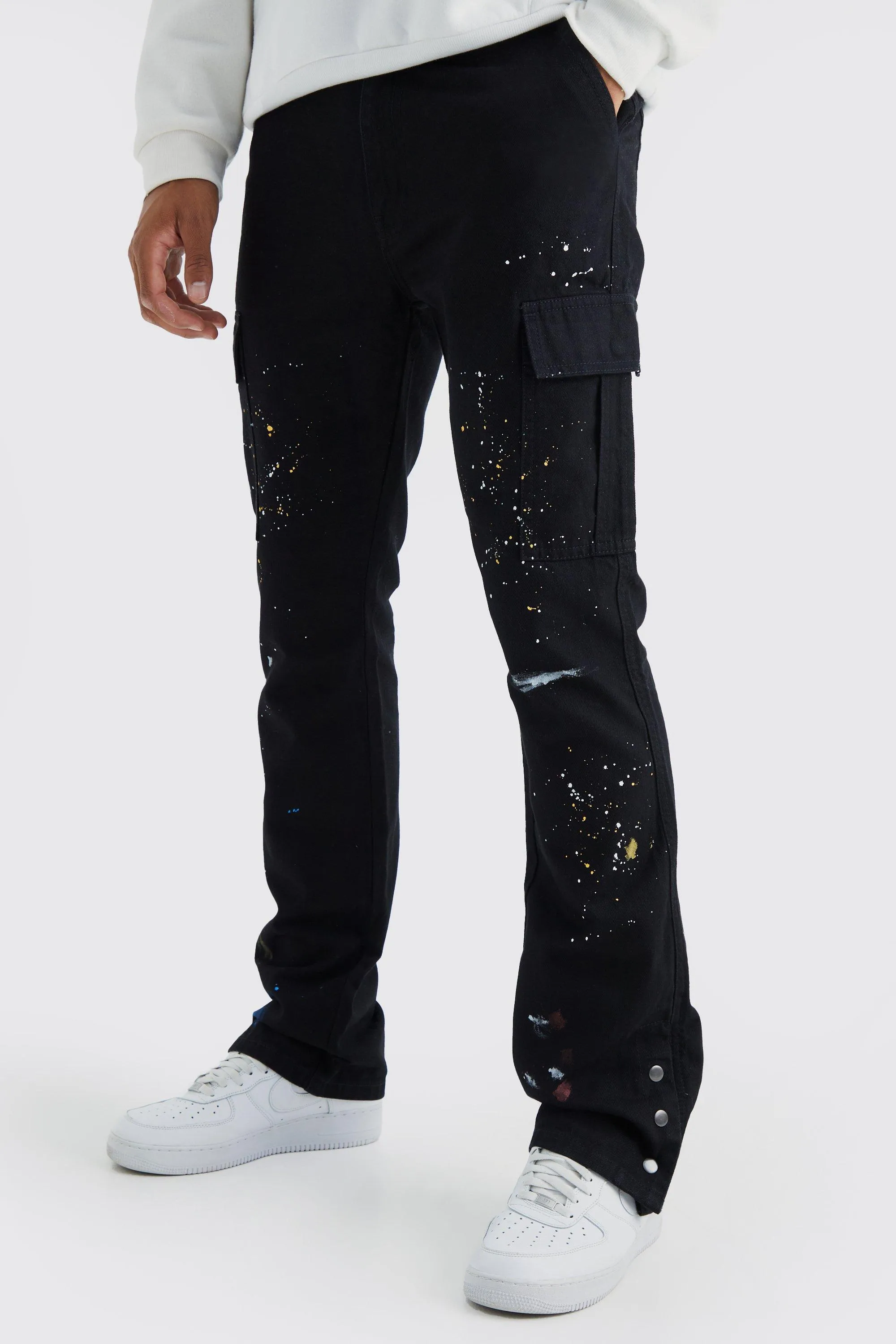 Tall Slim Flare Popper Hem Paint Splatter Cargo Pants