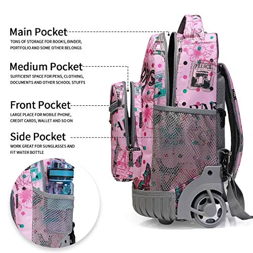 Tilami Rolling Backpack 16 Inch School College Travel Carry-on Backpack Boys Girls, Pink Butterfly Paris