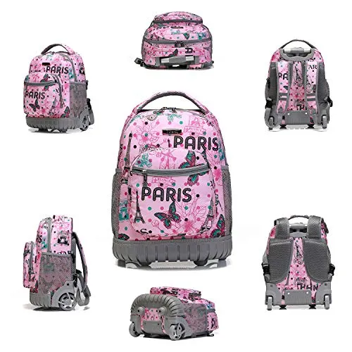 Tilami Rolling Backpack 16 Inch School College Travel Carry-on Backpack Boys Girls, Pink Butterfly Paris