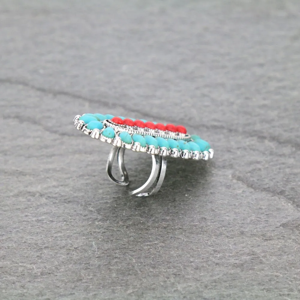 Turquoise and Red Oblong Oval Concho Ring