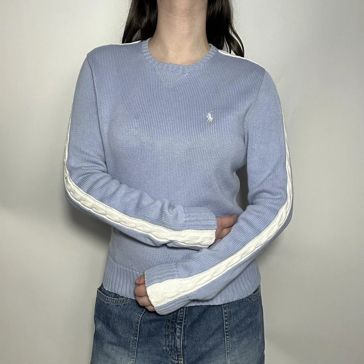 Vintage 90s authentic Polo Ralph Lauren Golf baby blue and white cable knit crew neck slightly cropp-