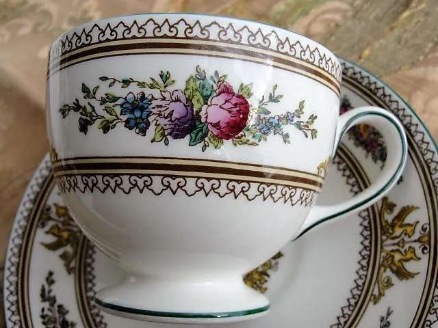 VINTAGE Wedgwood Teacup and Saucer English Bone China Elegant Footed Teacup and Saucer Columbia Pattern Enamel Flowers Cup and S