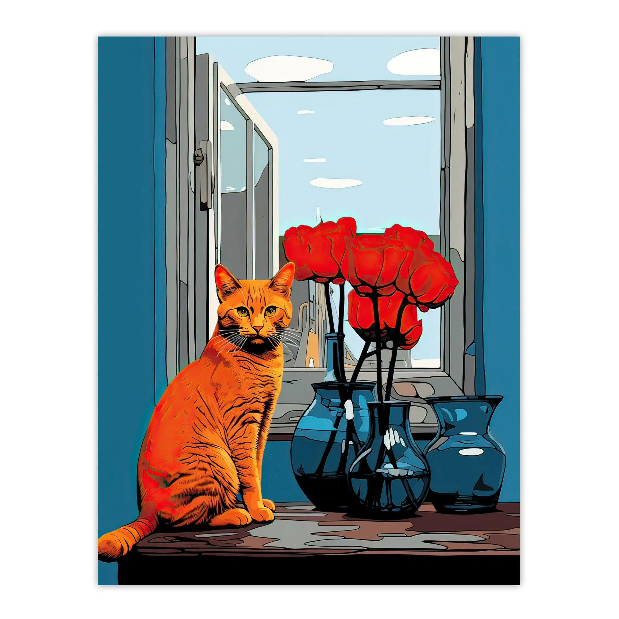 Wall Art & Pictures | Wall Art Print Ginger Cat on Table with Flowers Stylised Rose Bouquets Poster | Artery8