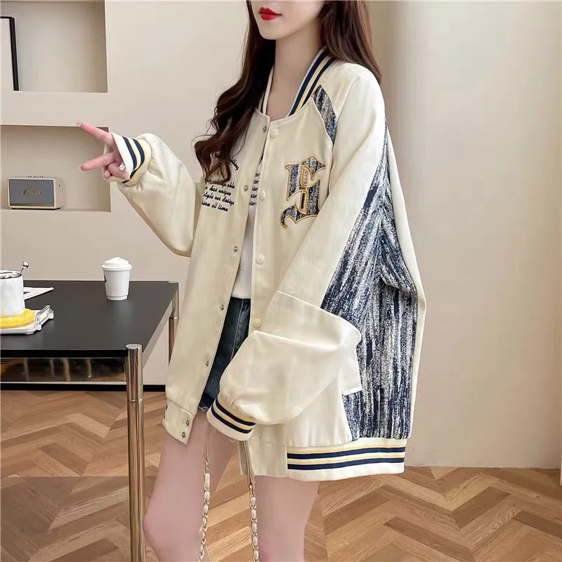 Western design denim splicing cardigan jacket for women 2023 autumn new loose and versatile baseball uniform jacket (S0519)