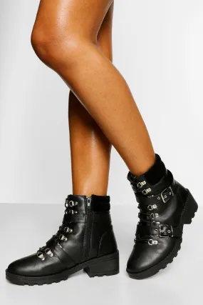 Wide Width Buckle Detail Lace Up Combat Boots