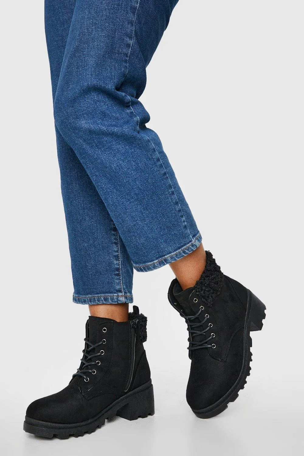 Wide Width Fur Trim Block Heel Combat Boots