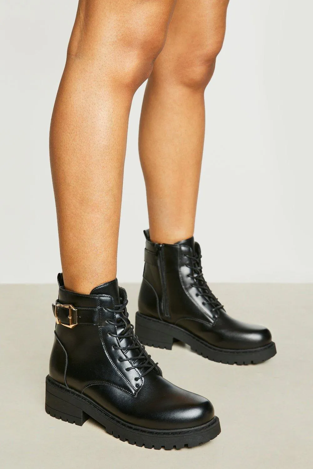 Wide Width Side Buckle Heeled Combat Boots