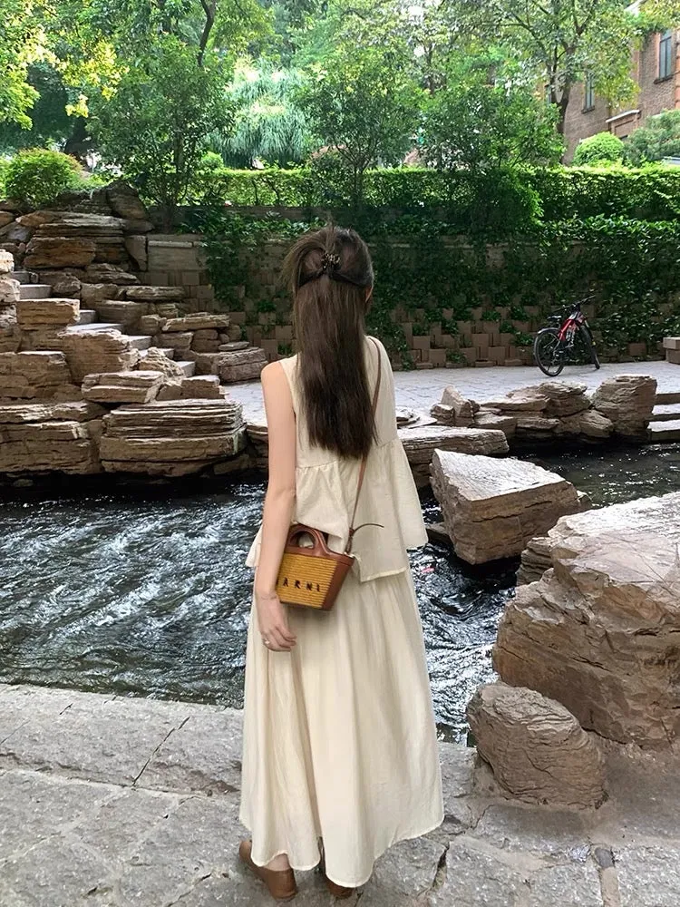 Wu 77 fake two-piece cool Zen dress female imitation Tencel round neck new Chinese style sleeveless vest skirt female summer